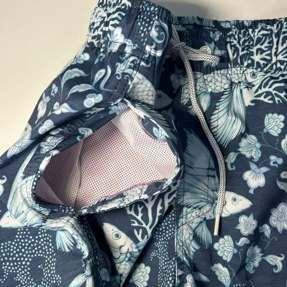 Psycho Tuna Men’s Medium Swim Shorts Pockets Blue Fish Sea Print